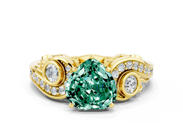 Yellow gold Heart Cut Green Sapphire Solitaire Ring with Milgrain Pavé Band and Four-Prong Setting