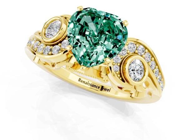 Yellow gold Heart Cut Green Sapphire Solitaire Ring with Milgrain Pavé Band and Four-Prong Setting