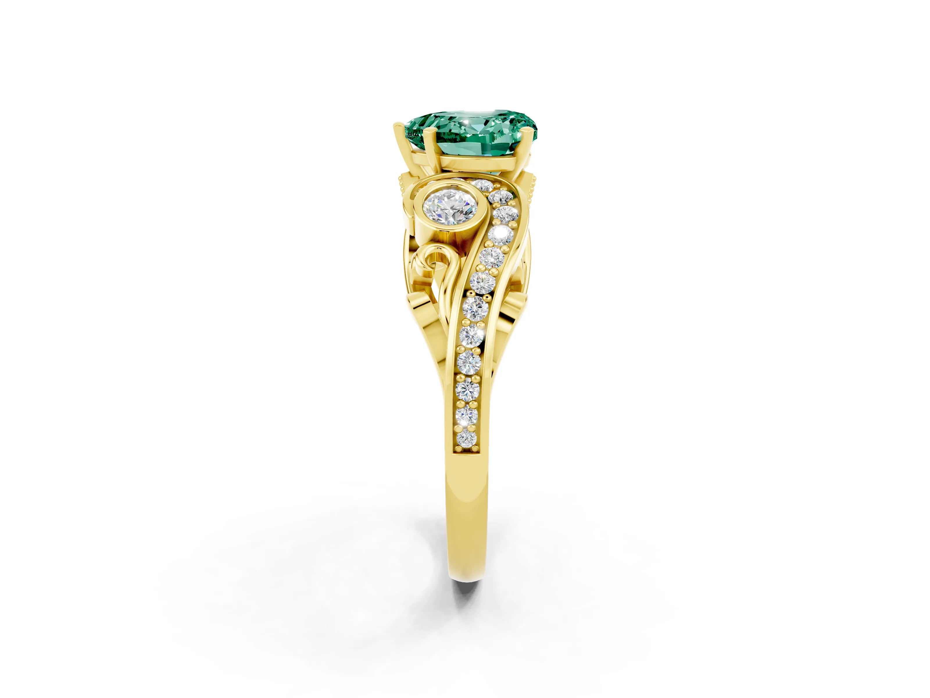 Yellow gold Heart Cut Green Sapphire Solitaire Ring with Milgrain Pavé Band and Four-Prong Setting_26