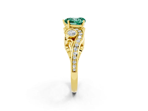 Yellow gold Heart Cut Green Sapphire Solitaire Ring with Milgrain Pavé Band and Four-Prong Setting_26