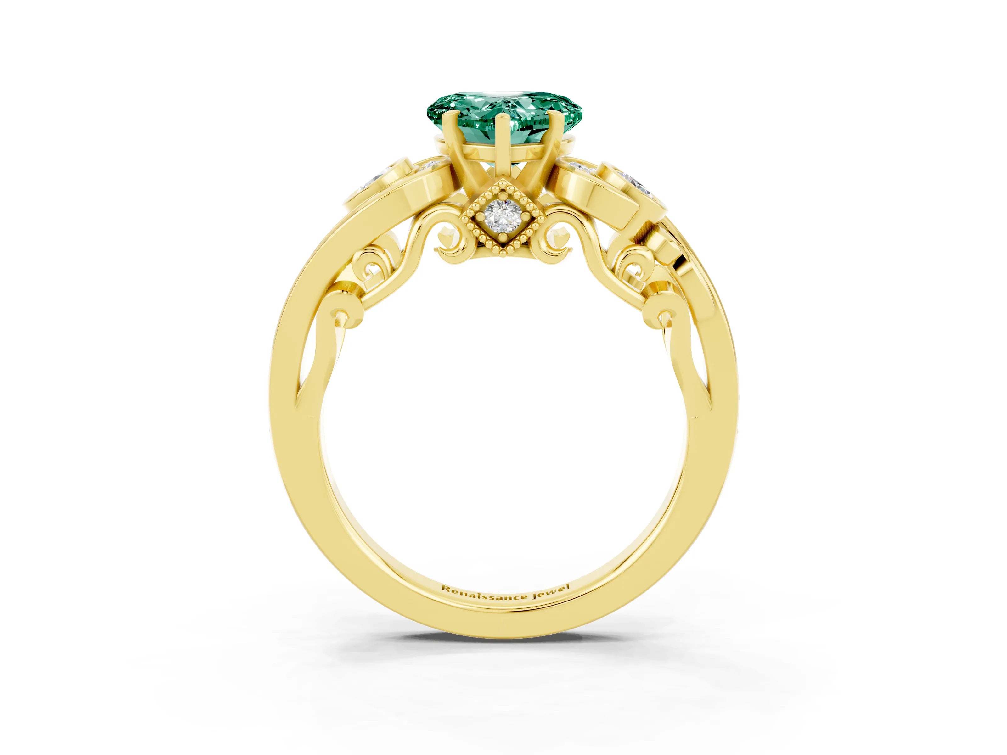 Yellow gold Heart Cut Green Sapphire Solitaire Ring with Milgrain Pavé Band and Four-Prong Setting_27