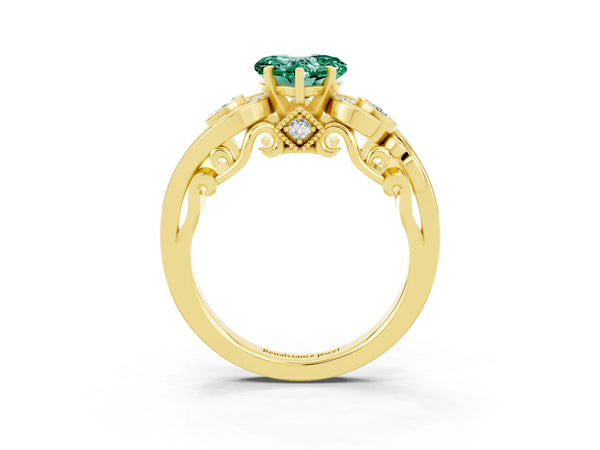 Yellow gold Heart Cut Green Sapphire Solitaire Ring with Milgrain Pavé Band and Four-Prong Setting