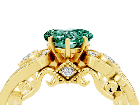 Yellow gold Heart Cut Green Sapphire Solitaire Ring with Milgrain Pavé Band and Four-Prong Setting_28