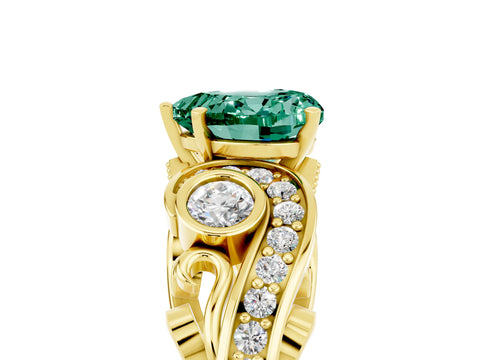 Yellow gold Heart Cut Green Sapphire Solitaire Ring with Milgrain Pavé Band and Four-Prong Setting_29
