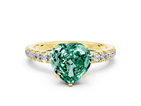 Yellow gold Heart Cut Green Sapphire Solitaire Ring with Pavé Accents and Four-Prong Setting
