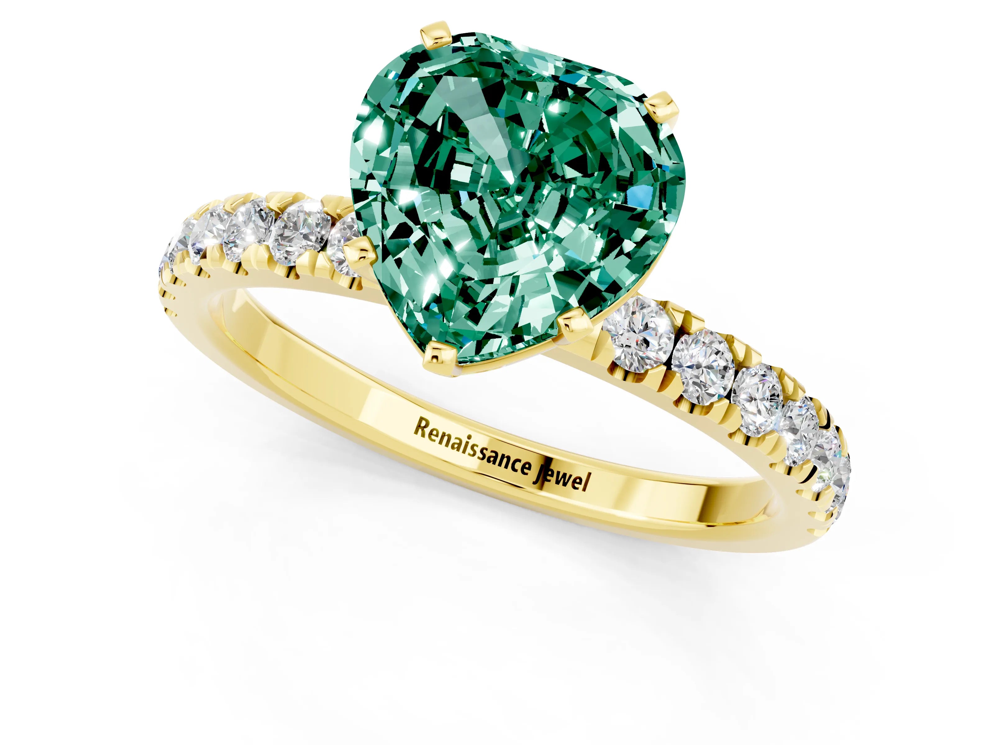 Yellow gold Heart Cut Green Sapphire Solitaire Ring with Pavé Accents and Four-Prong Setting_1