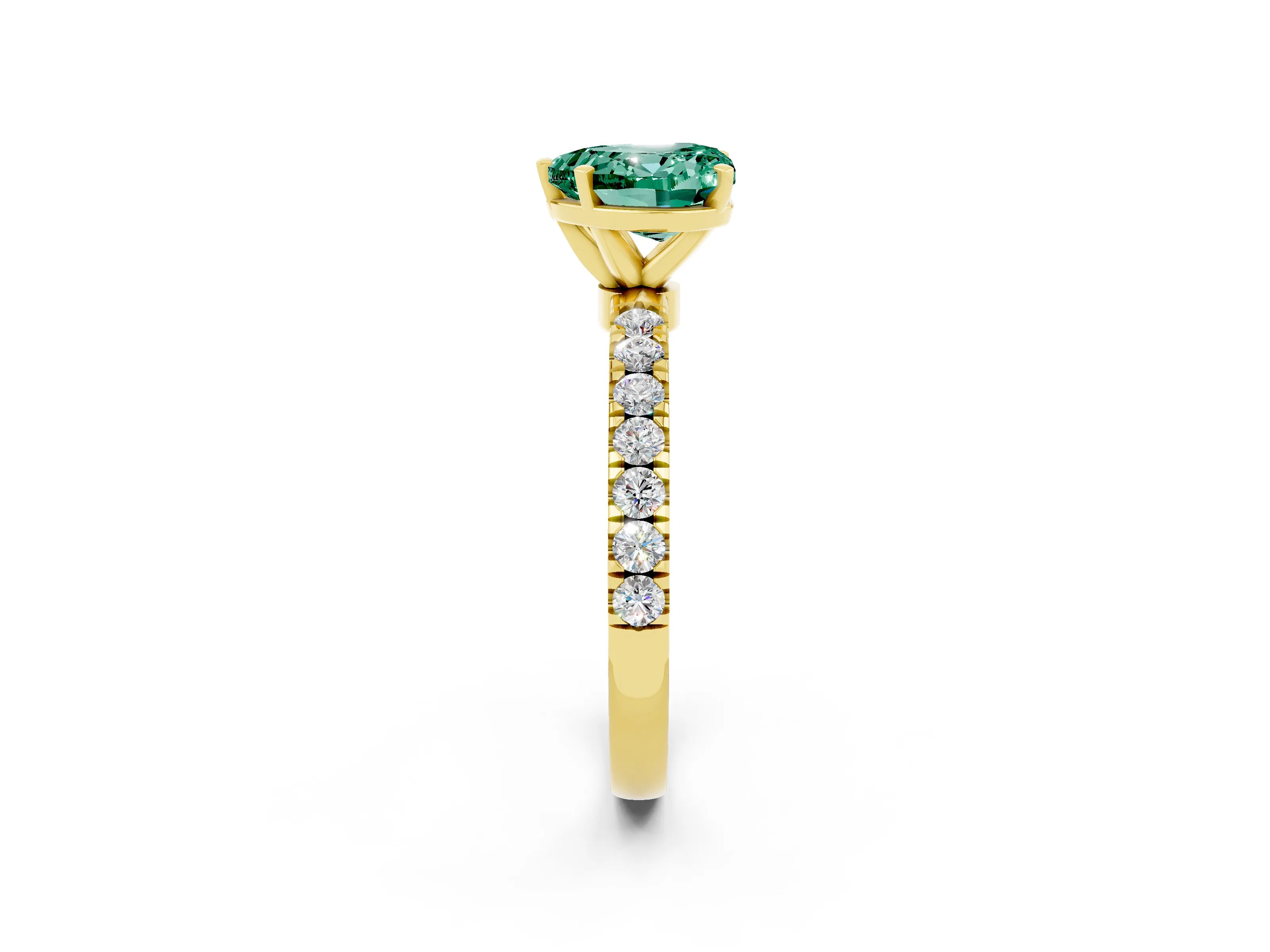 Yellow gold Heart Cut Green Sapphire Solitaire Ring with Pavé Accents and Four-Prong Setting_2