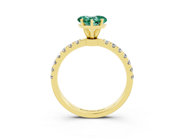 Yellow gold Heart Cut Green Sapphire Solitaire Ring with Pavé Accents and Four-Prong Setting