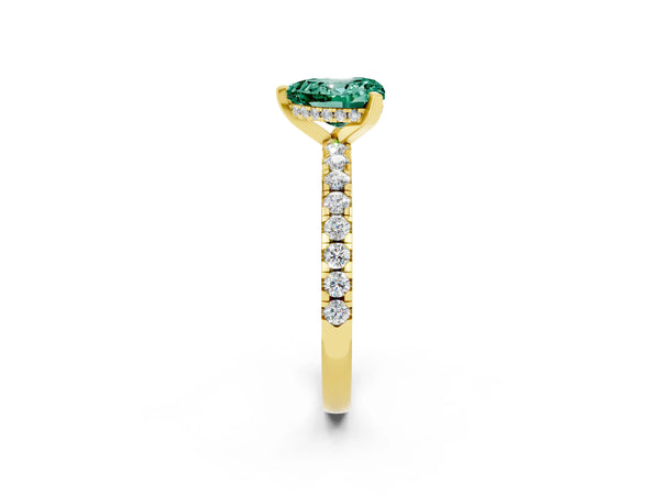 Yellow gold Heart Cut Green Sapphire Solitaire Ring with Round  Pavé Band and Four-Prong Setting
