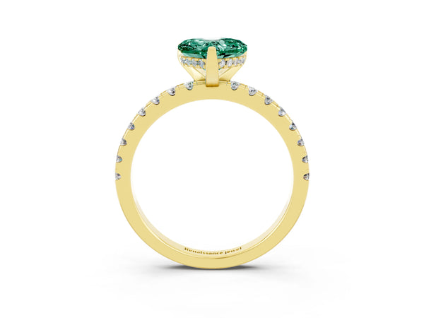 Yellow gold Heart Cut Green Sapphire Solitaire Ring with Round  Pavé Band and Four-Prong Setting