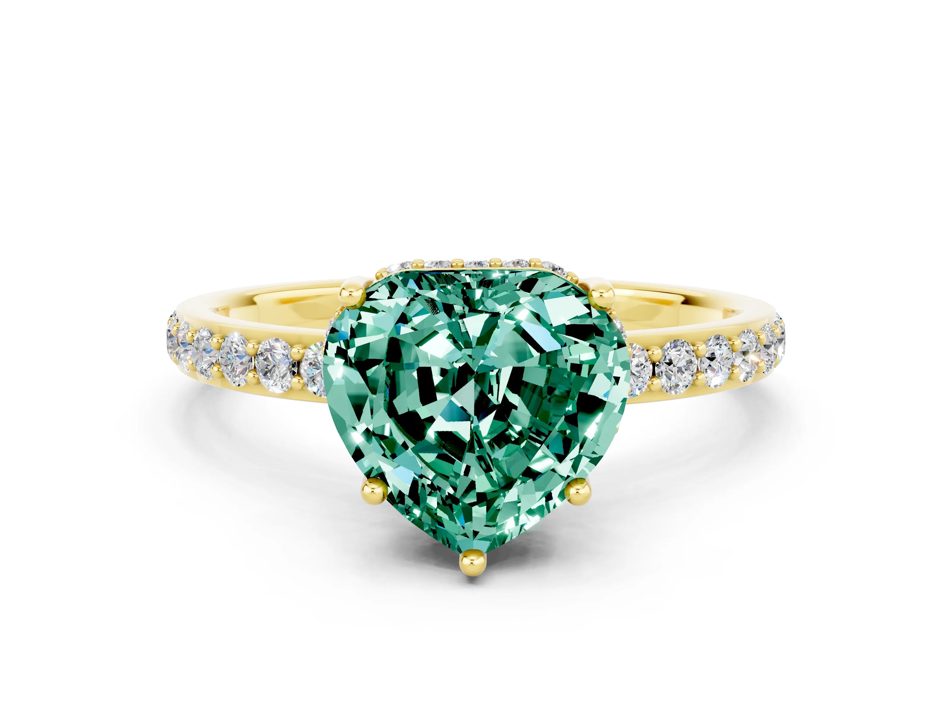 Yellow gold Heart Cut Green Sapphire Solitaire Ring with Pavé Band and Hidden Halo_12