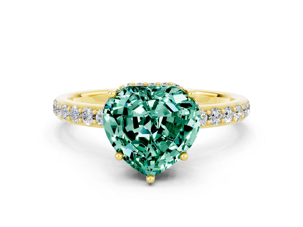 Yellow gold Heart Cut Green Sapphire Solitaire Ring with Pavé Band and Hidden Halo