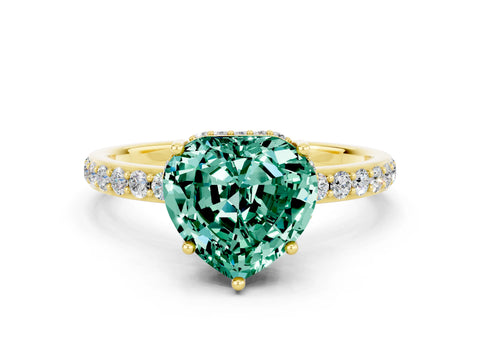Yellow gold Heart Cut Green Sapphire Solitaire Ring with Pavé Band and Hidden Halo_12