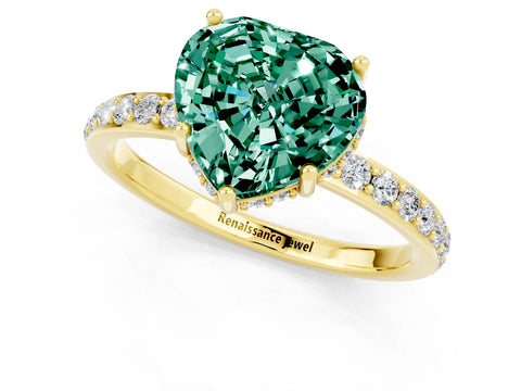 Yellow gold Heart Cut Green Sapphire Solitaire Ring with Pavé Band and Hidden Halo_13