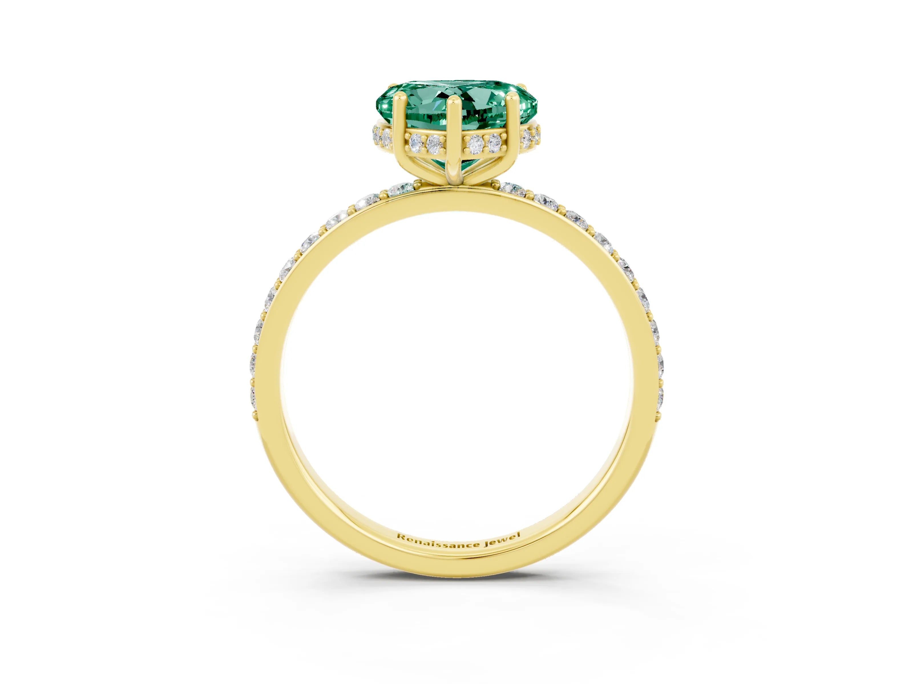 Yellow gold Heart Cut Green Sapphire Solitaire Ring with Pavé Band and Hidden Halo_15