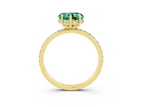 Yellow gold Heart Cut Green Sapphire Solitaire Ring with Pavé Band and Hidden Halo