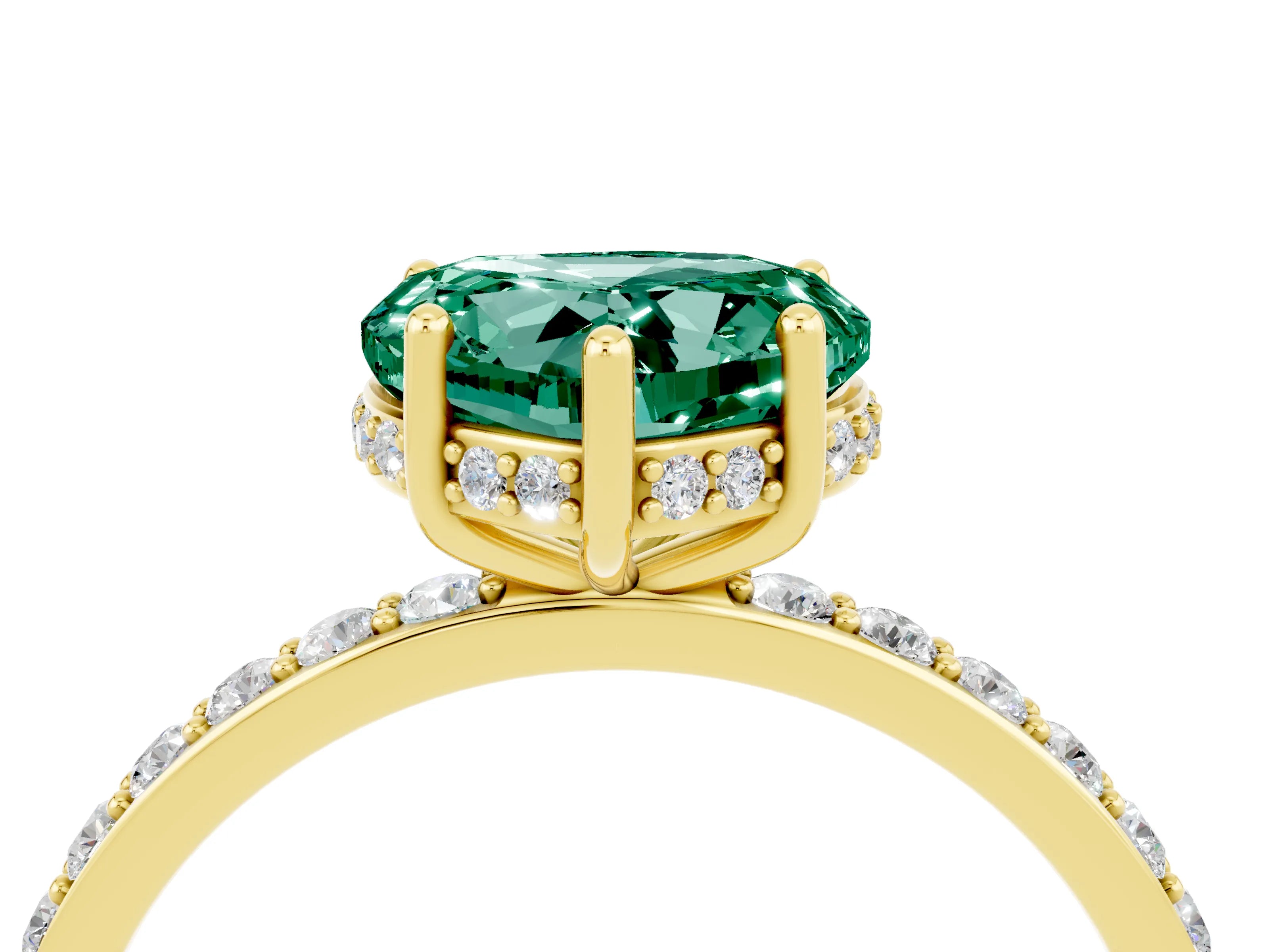 Yellow gold Heart Cut Green Sapphire Solitaire Ring with Pavé Band and Hidden Halo_16