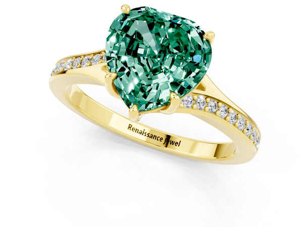Yellow gold Heart Cut Green Sapphire Solitaire Ring with Pavé Band and Prong Setting