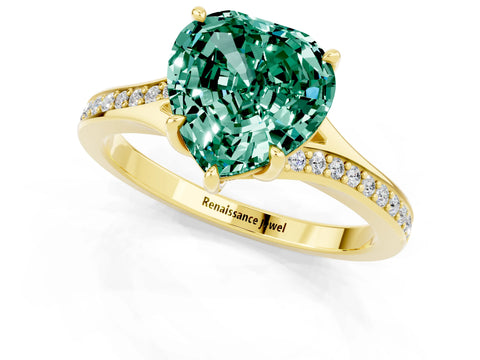Yellow gold Heart Cut Green Sapphire Solitaire Ring with Pavé Band and Prong Setting_13