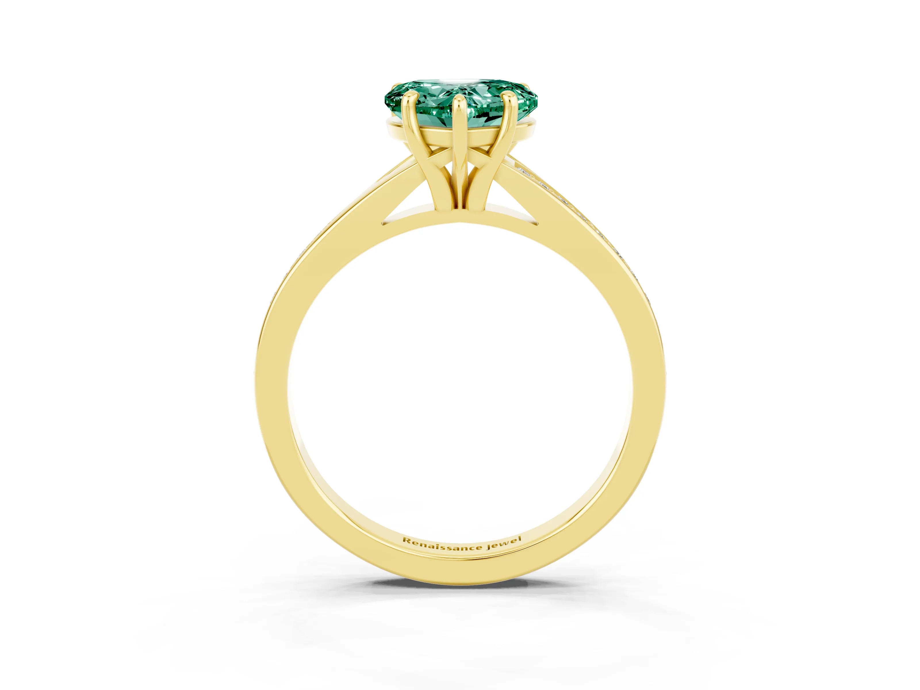 Yellow gold Heart Cut Green Sapphire Solitaire Ring with Pavé Band and Prong Setting_15