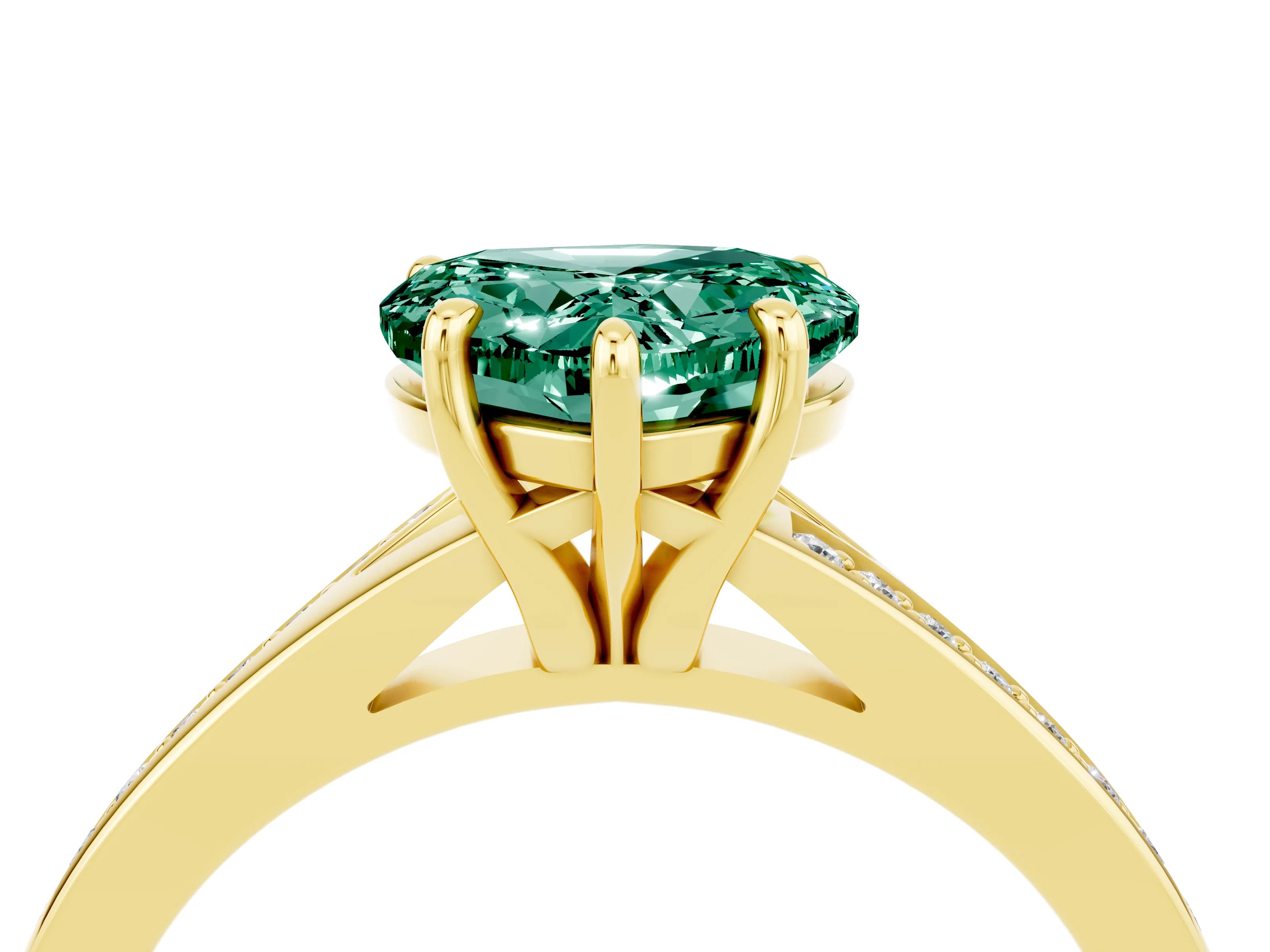 Yellow gold Heart Cut Green Sapphire Solitaire Ring with Pavé Band and Prong Setting_16