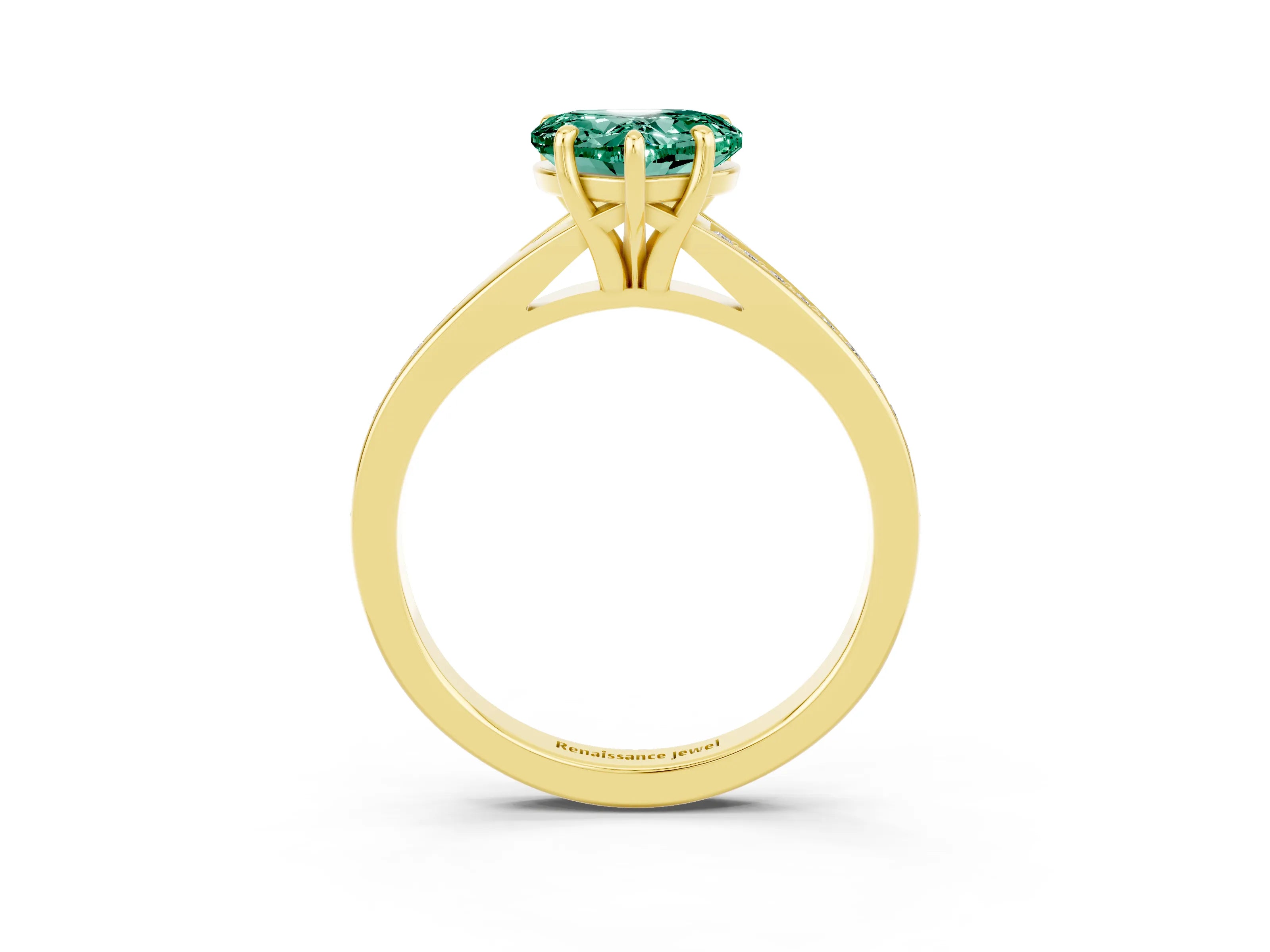 Yellow gold Heart Cut Green Sapphire Solitaire Ring with Pavé Band and Prong Setting_3