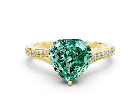 Yellow gold Heart Cut Green Sapphire Solitaire Ring with Pavé Band and Prong Setting