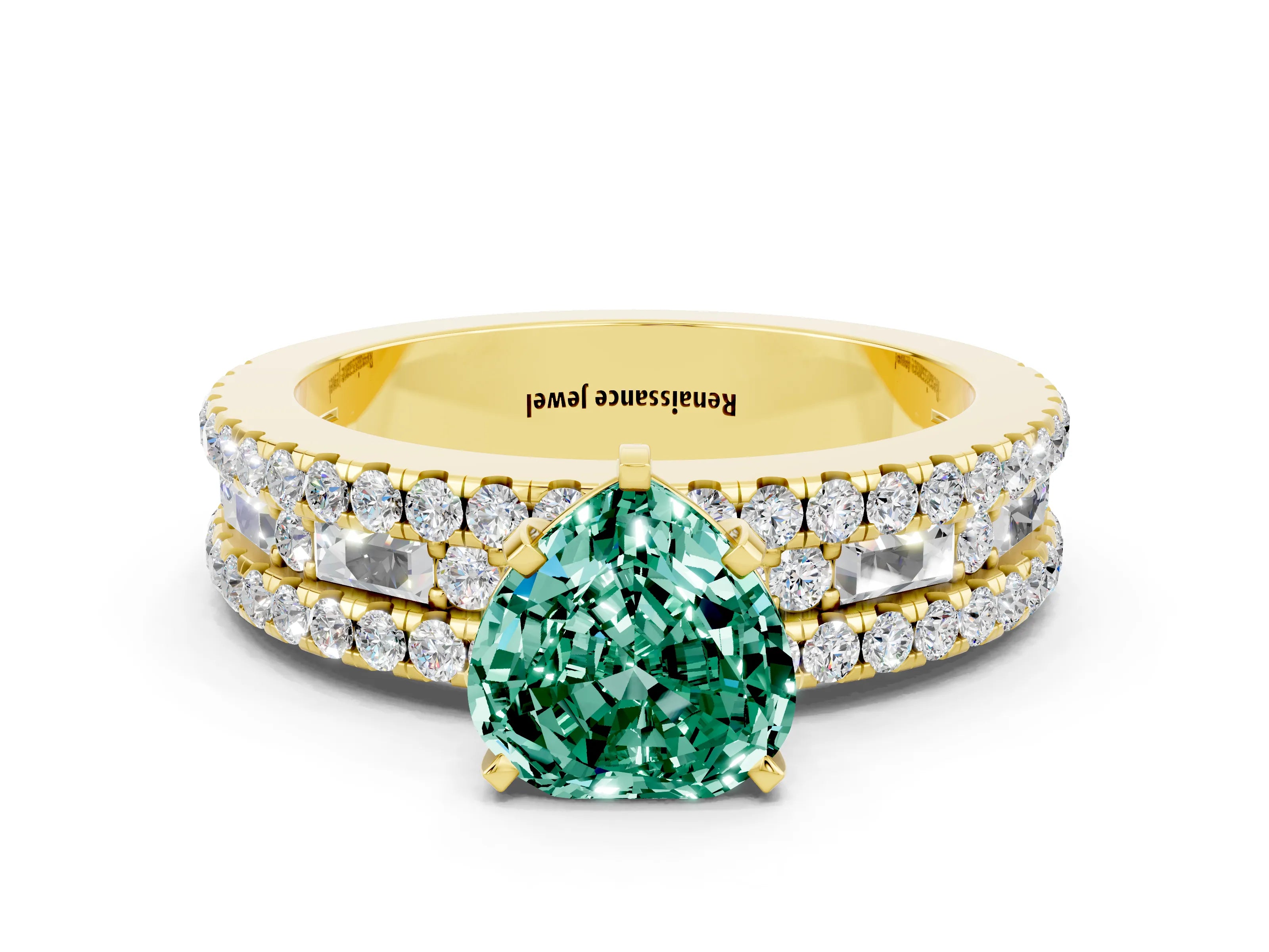 Yellow gold Heart Cut Green Sapphire Solitaire Ring with Pavé and Channel Set Band