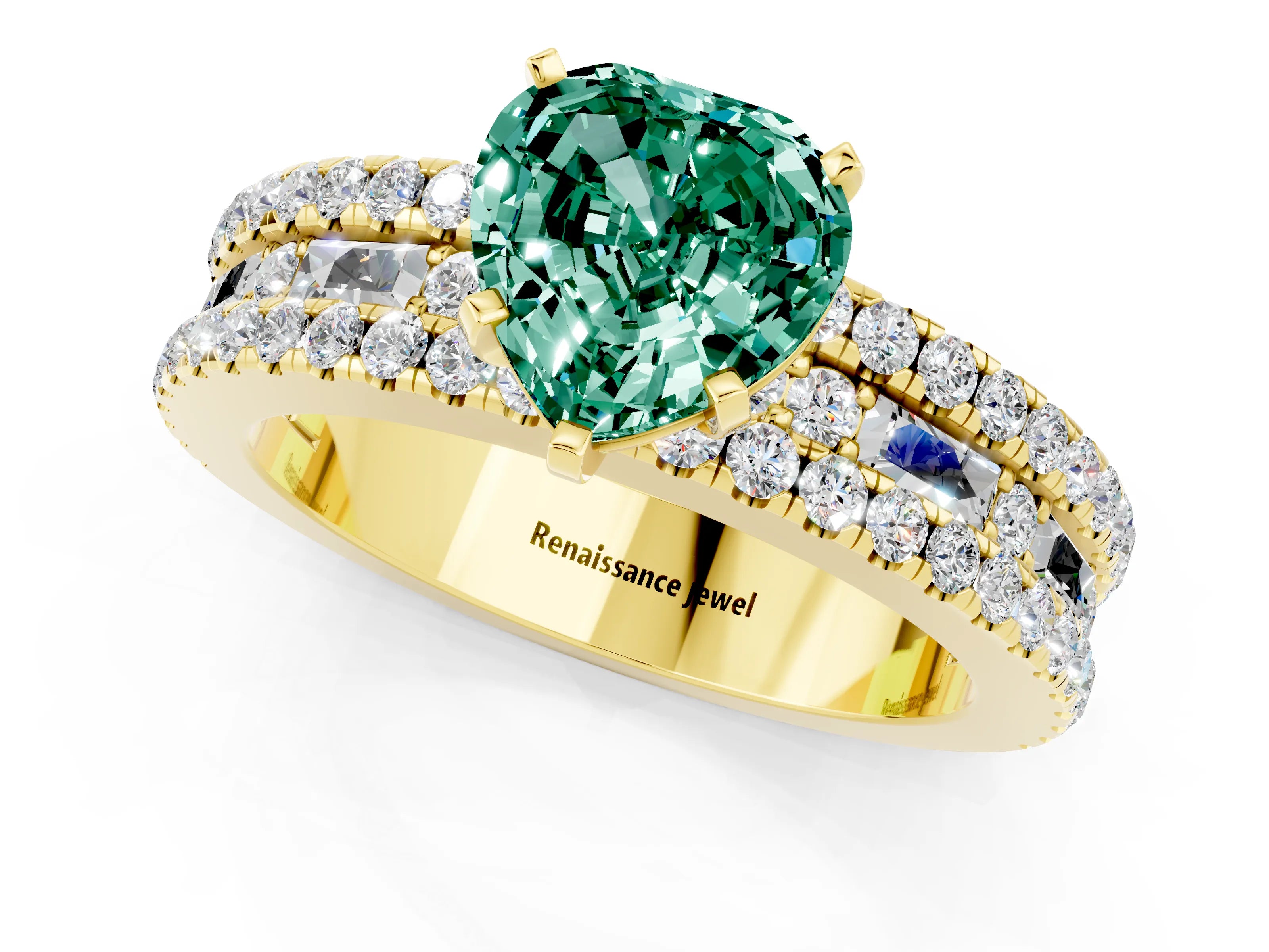 Yellow gold Heart Cut Green Sapphire Solitaire Ring with Pavé and Channel Set Band_1