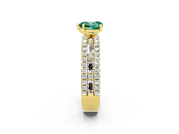 Yellow gold Heart Cut Green Sapphire Solitaire Ring with Pavé and Channel Set Band