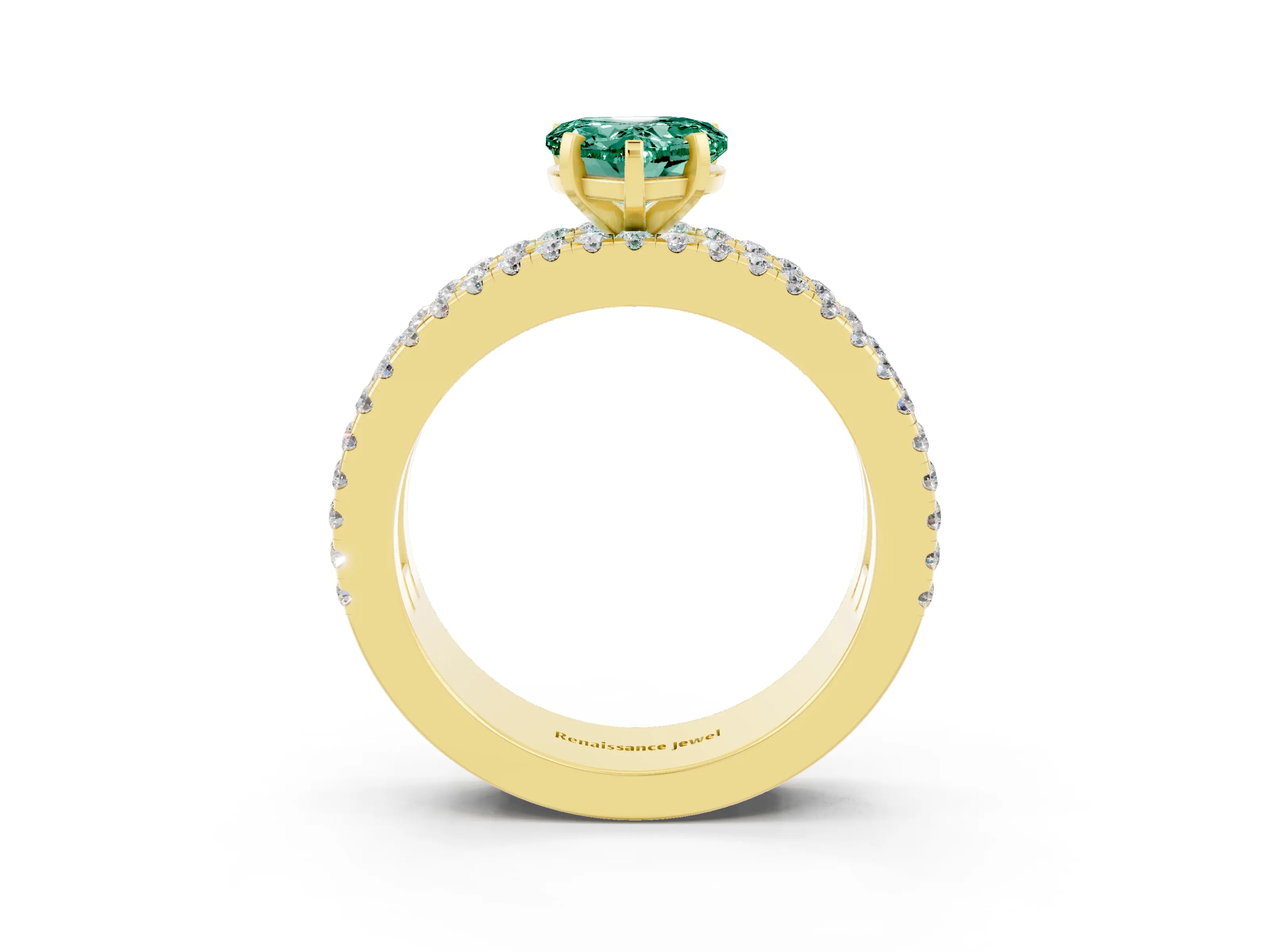 Yellow gold Heart Cut Green Sapphire Solitaire Ring with Pavé and Channel Set Band_3