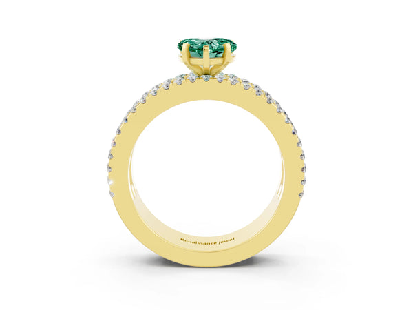 Yellow gold Heart Cut Green Sapphire Solitaire Ring with Pavé and Channel Set Band
