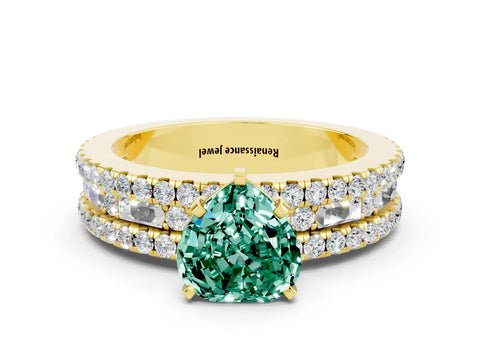 Yellow gold Heart Cut Green Sapphire Solitaire Ring with Pavé and Channel Set Band