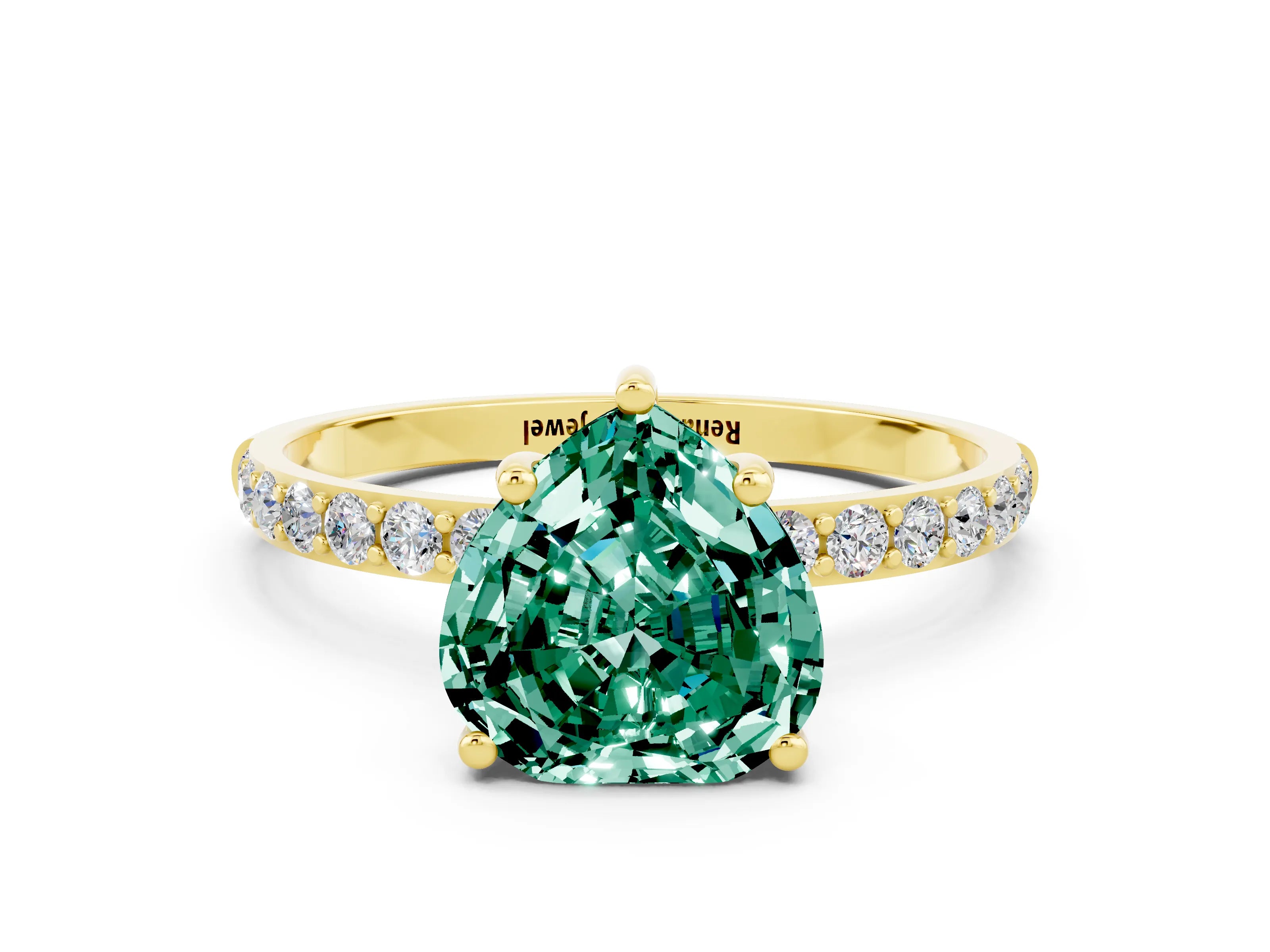 Yellow gold Heart Cut Green Sapphire Solitaire Ring with Pave Band and Four Prong Setting_24