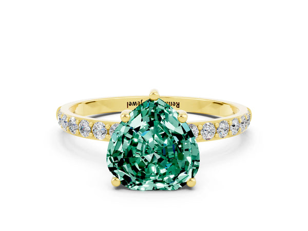 Yellow gold Heart Cut Green Sapphire Solitaire Ring with Round  Pavé Band and Prong Setting