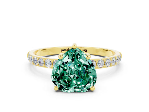 Yellow gold Heart Cut Green Sapphire Solitaire Ring with Pave Band and Four Prong Setting_24