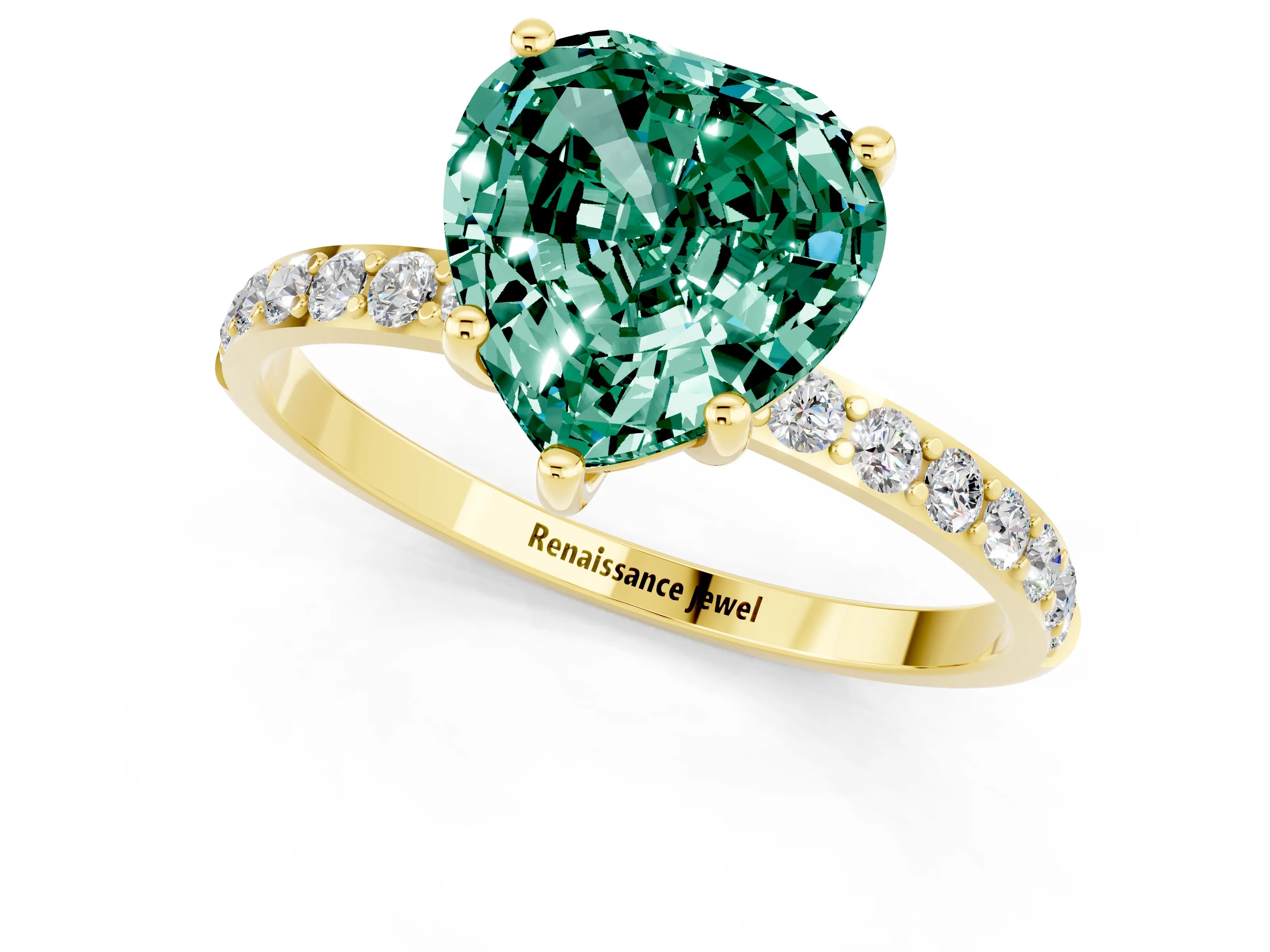 Yellow gold Heart Cut Green Sapphire Solitaire Ring with Pave Band and Four Prong Setting_25