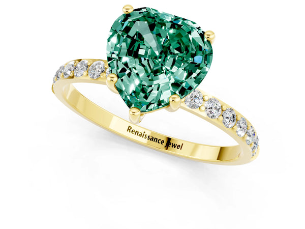 Yellow gold Heart Cut Green Sapphire Solitaire Ring with Round  Pavé Band and Prong Setting