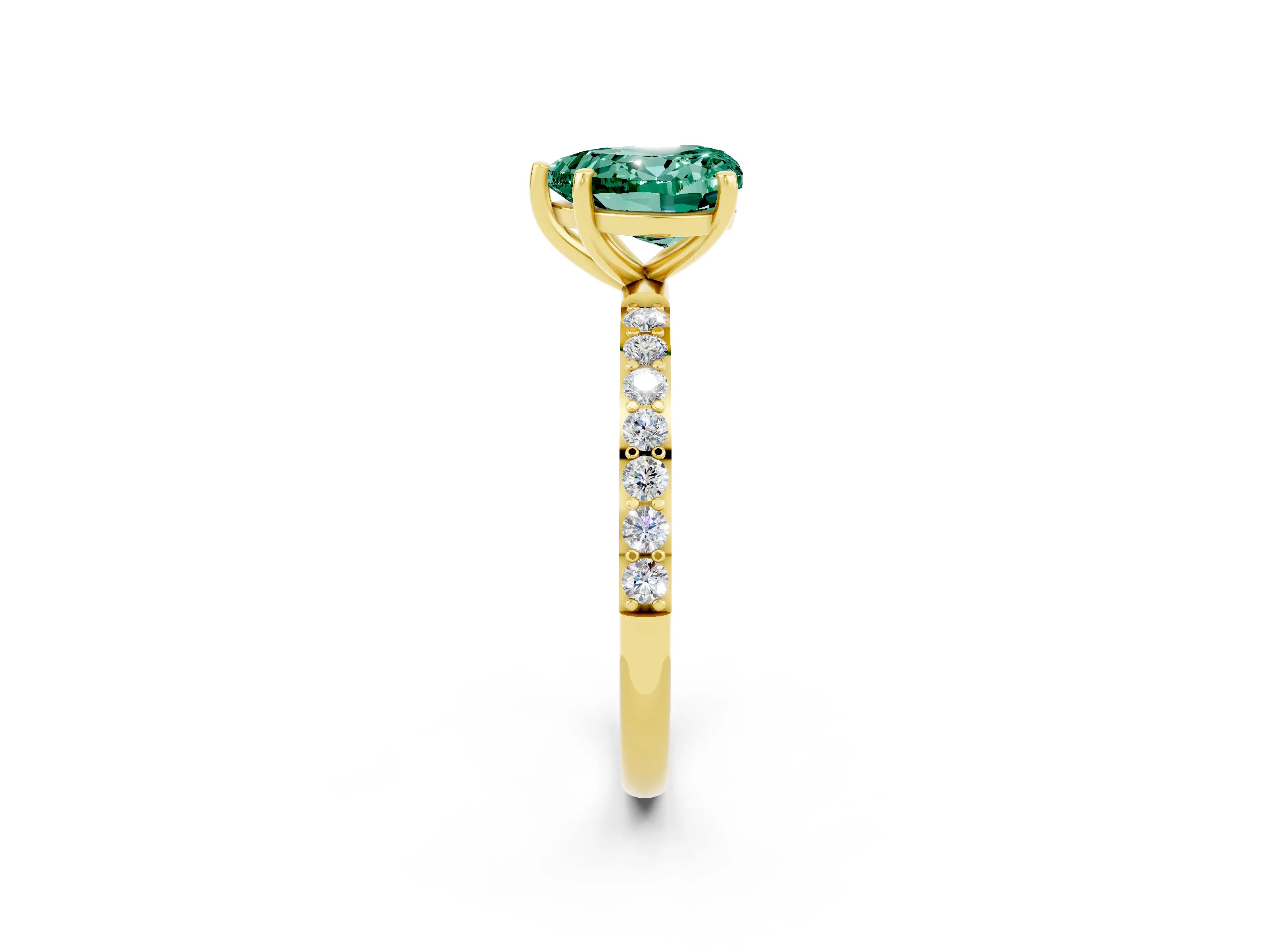 Yellow gold Heart Cut Green Sapphire Solitaire Ring with Pave Band and Four Prong Setting_26