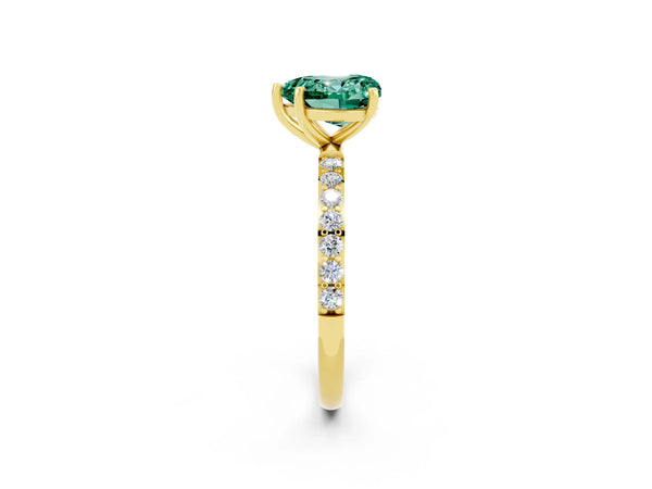 Yellow gold Heart Cut Green Sapphire Solitaire Ring with Round  Pavé Band and Prong Setting