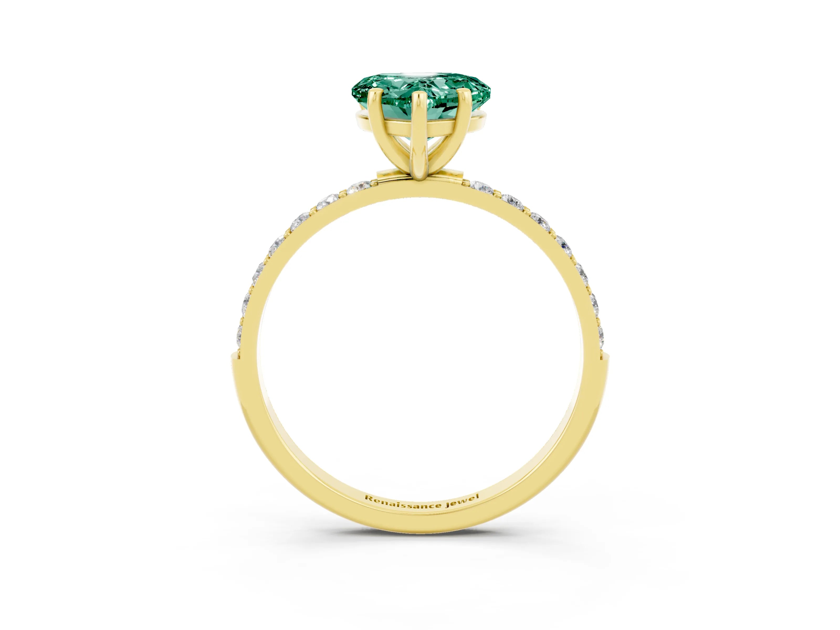 Yellow gold Heart Cut Green Sapphire Solitaire Ring with Pave Band and Four Prong Setting_27