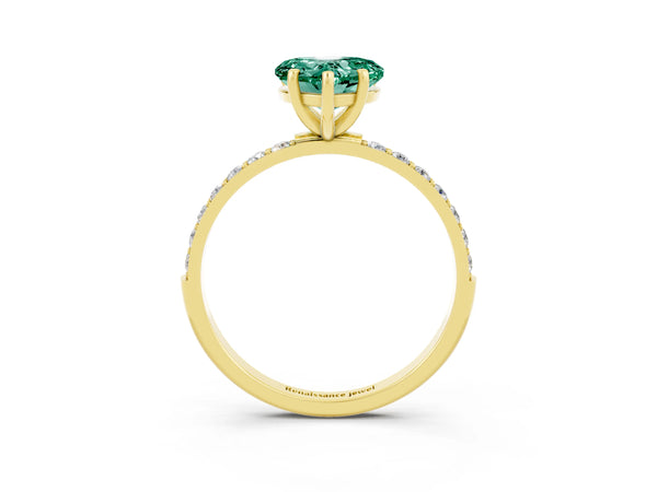Yellow gold Heart Cut Green Sapphire Solitaire Ring with Round  Pavé Band and Prong Setting