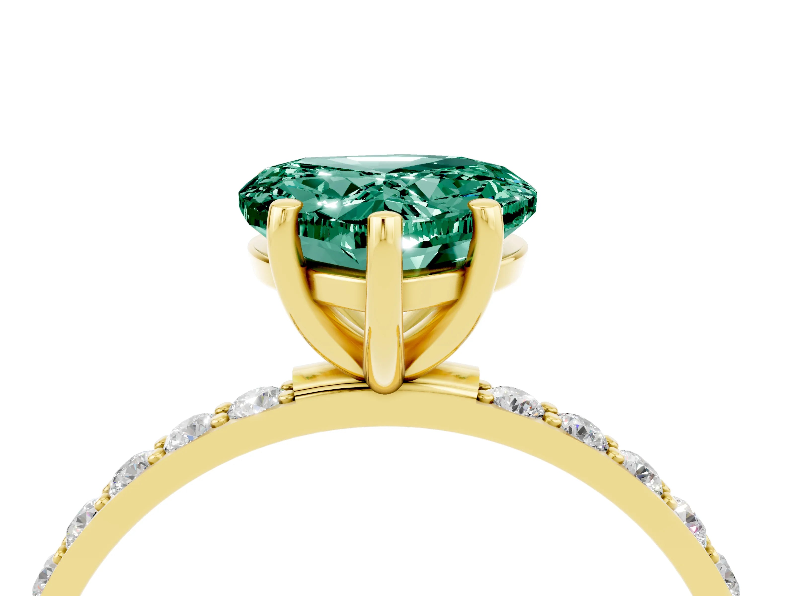 Yellow gold Heart Cut Green Sapphire Solitaire Ring with Pave Band and Four Prong Setting_28