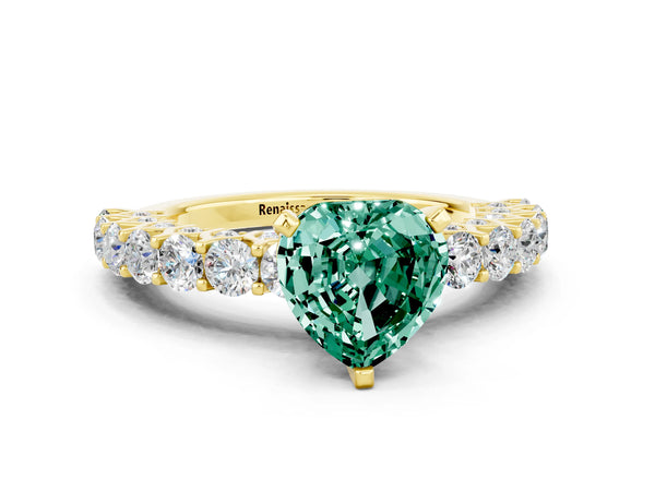 Yellow gold Heart Cut Green Sapphire Solitaire Ring with Shared Prong Pavé Band and Four-Prong Setting