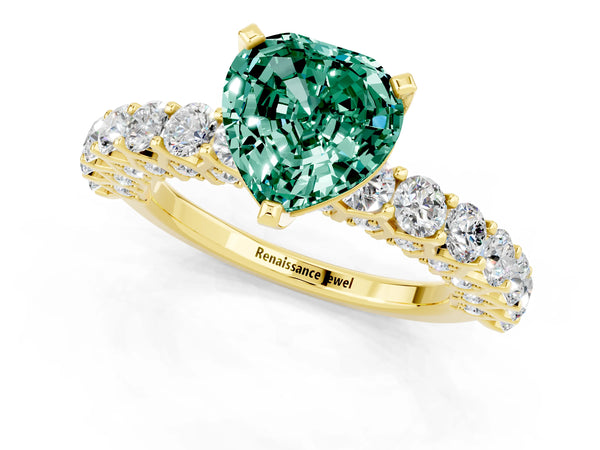 Yellow gold Heart Cut Green Sapphire Solitaire Ring with Shared Prong Pavé Band and Four-Prong Setting