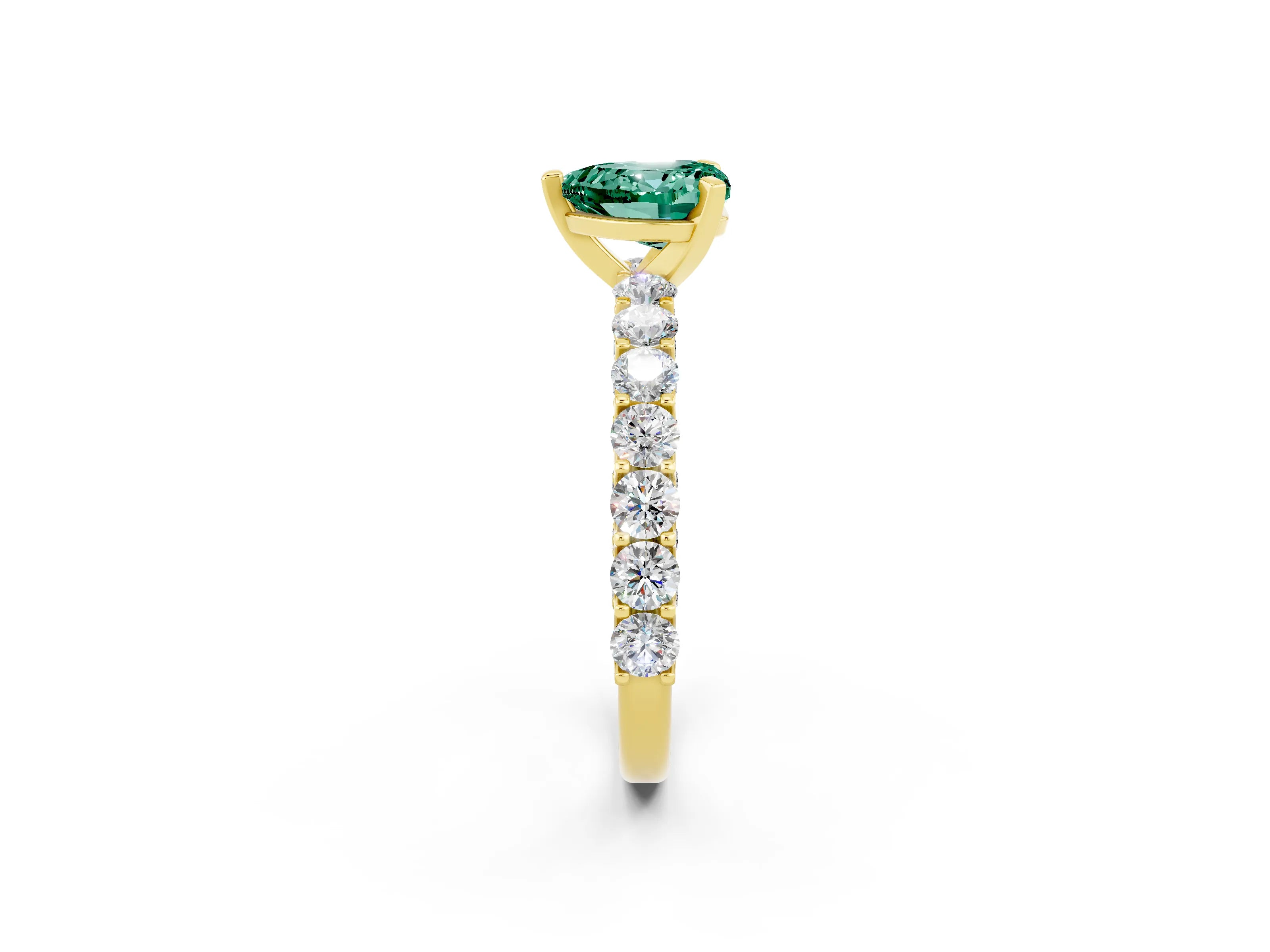 Yellow gold Heart Cut Green Sapphire Solitaire Ring with Shared Prong Pavé Band and Four-Prong Setting_14