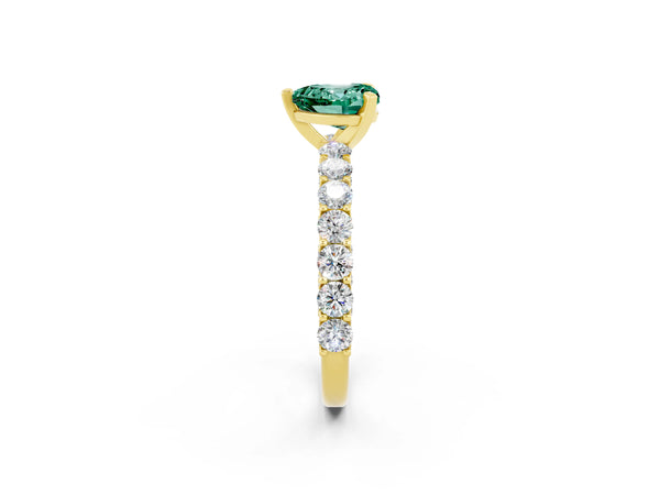 Yellow gold Heart Cut Green Sapphire Solitaire Ring with Shared Prong Pavé Band and Four-Prong Setting