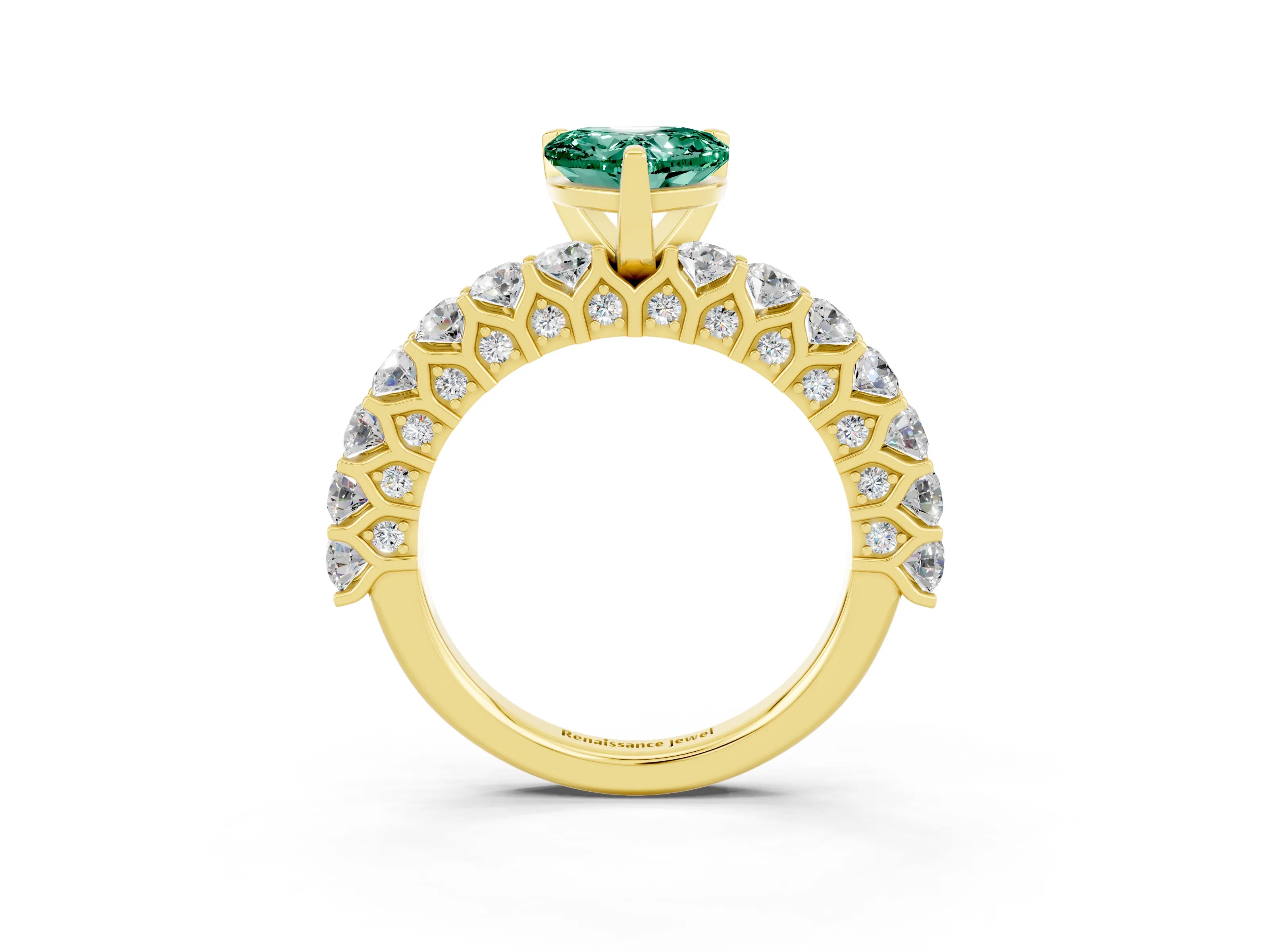 Yellow gold Heart Cut Green Sapphire Solitaire Ring with Shared Prong Pavé Band and Four-Prong Setting_15