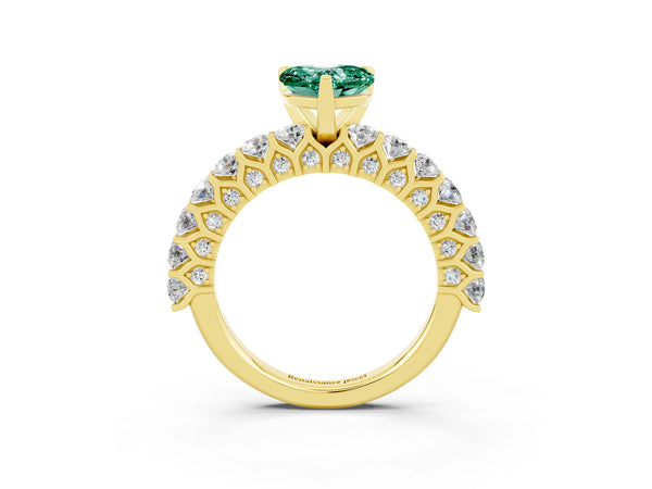 Yellow gold Heart Cut Green Sapphire Solitaire Ring with Shared Prong Pavé Band and Four-Prong Setting