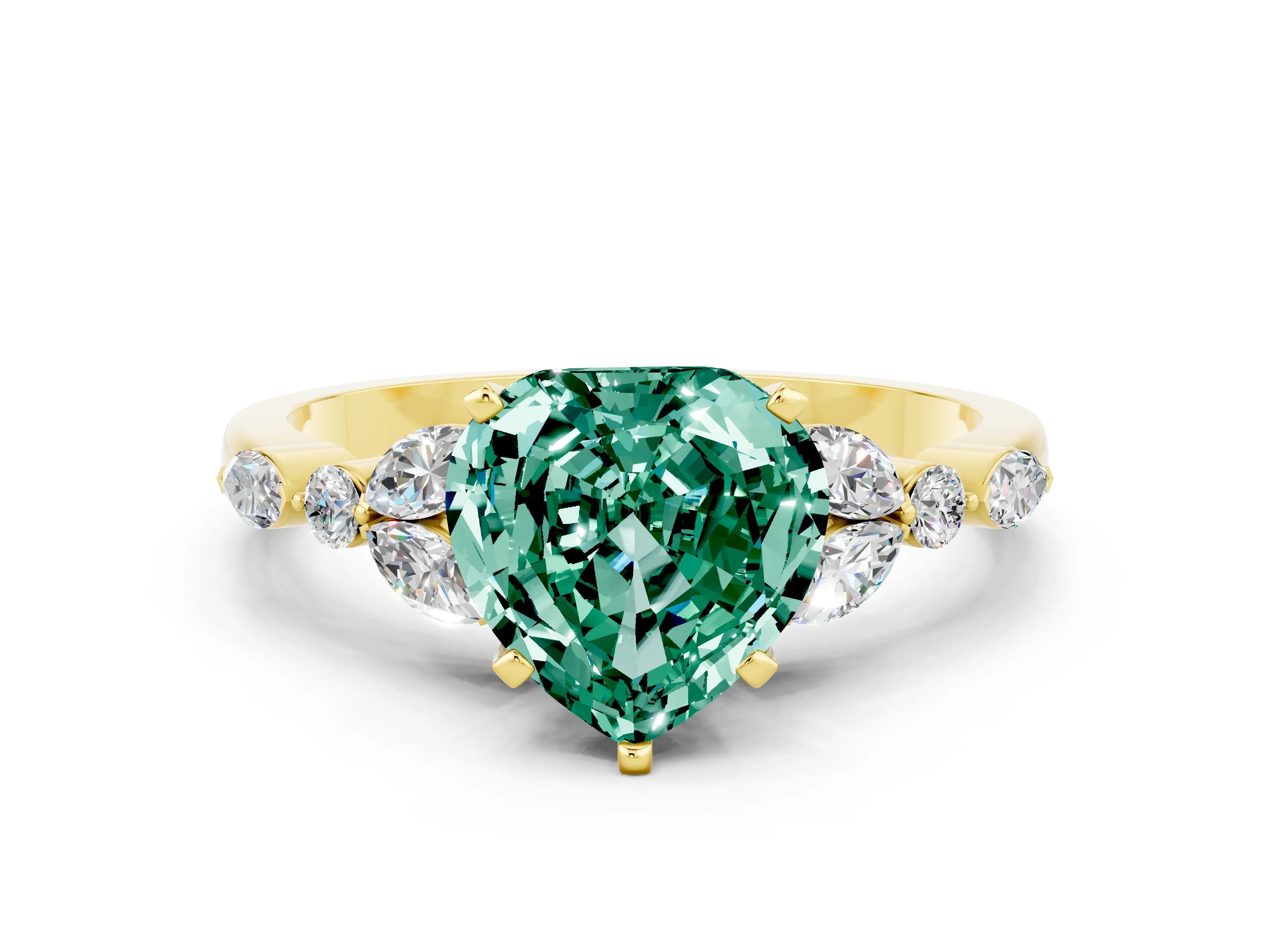 Yellow gold Heart Cut Green Sapphire Solitaire Ring with Side Stones and Four-Prong Setting_12